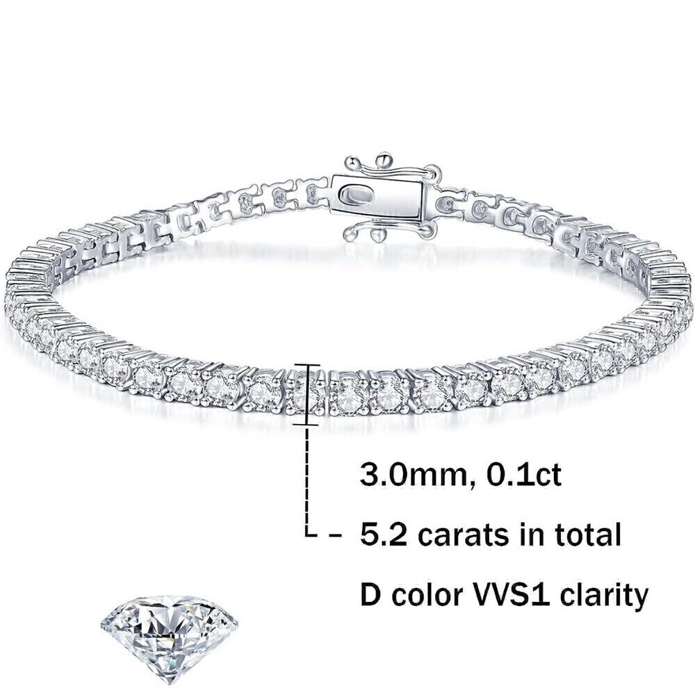 New Moissanite Diamond Tennis Bracelet 3mm 5 Ct 14K White Gold Finish Round Cut - Picture 7 of 11